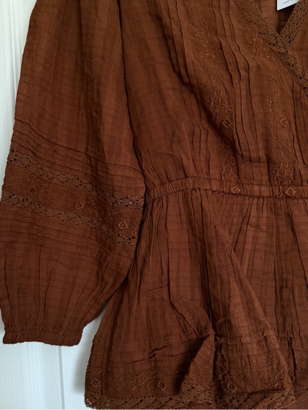 American Eagle brown lace dress with bell sleeves and floral embroidery. - Picture 2 of 5